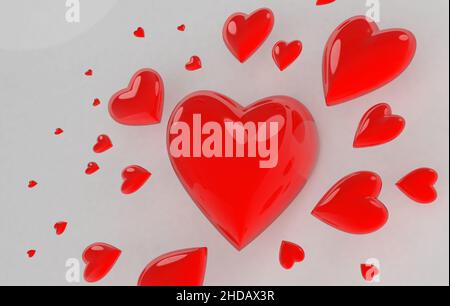 Cœurs de différentes tailles sur fond blanc.3D rendu. Banque D'Images