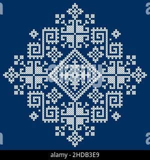 Motif vectoriel en point de croix traditionnel - conçu comme l'art populaire Zmijanje broderie dessins de Bosnie-Herzégovine en blanc sur bleu marine Illustration de Vecteur