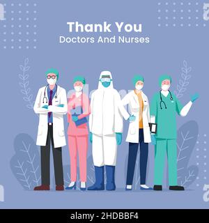 Merci aux médecins et aux infirmières. Merci aux travailleurs de la santé courageux. Le médecin est un héros. Équipe de personnel médical pour lutter contre le coronavirus. Illustration de Vecteur