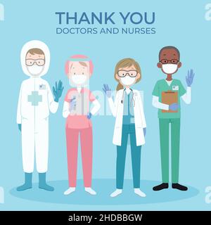 Merci aux médecins et aux infirmières. Merci aux travailleurs de la santé courageux. Le médecin est un héros. Équipe de personnel médical pour lutter contre le coronavirus. Illustration de Vecteur
