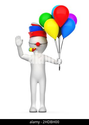 Personnage de dessin animé blanc avec ballons colorés, chapeau de carnaval et nez rouge comme clown, isolé sur fond blanc, rendu 3D Banque D'Images