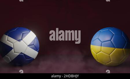 Deux ballons de football aux couleurs drapeaux sur fond marron abstrait.Écosse et Ukraine.3d image Banque D'Images