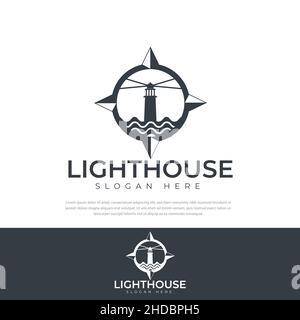 Logo Lighthouse et Wave avec Compass Design Premium Vector Illustration Illustration de Vecteur