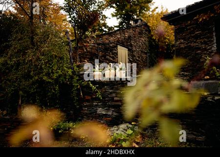 Vue panoramique, à travers les feuilles d'arbres, de pots d'argile sur une clôture en brique d'une maison en automne Banque D'Images