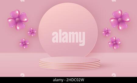 Scène minimaliste avec podium cylindrique rose, cadre rond et fleurs de ballons.Scène pour la démonstration d'un produit cosmétique, vitrine Illustration de Vecteur