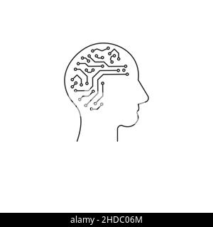 Icône de technologie de tête humaine, cerveau technologique de puce, intelligence artificielle, symbole de conception plate simple, isolé sur fond blanc Illustration de Vecteur