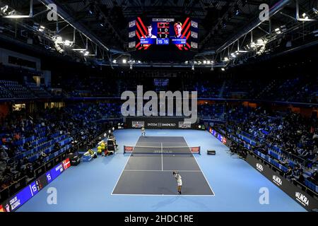 Match de tennis des finales ATP de la prochaine génération au court de tennis intérieur de l'Allianz Cloud, à Milan 2021. Banque D'Images