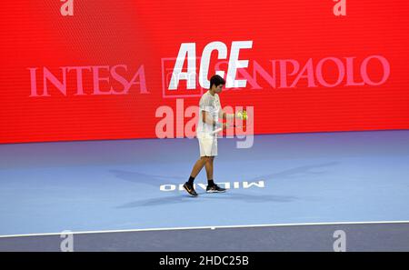 Revue vidéo sur le tableau de bord numérique lors des finales ATP de la prochaine génération, à Milan. Banque D'Images