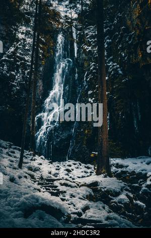 La cascade de Burgbach avec neige en hiver.Cascade avec marches en pierre à Schapbach, Forêt Noire, Bade-Wurtemberg, Allemagne Banque D'Images