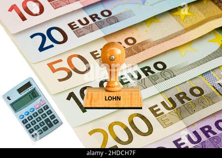 Stempel, Holzstempel, Aufschrift, Schaffhouse, vor verschiedenen Euro Banknoten, Taschenrechner, Banque D'Images