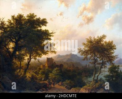 Coucher de soleil sur le Rhin par l'artiste néerlandais Barend Cornelis Koekkoek (1803-1862), huile sur toile, 1853 Banque D'Images