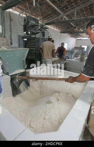 Eunapolis, bahia, brésil - 18 mars 2011: Production de farine de manioc dans une maison de farine dans la municipalité d'Eunapolis. Banque D'Images