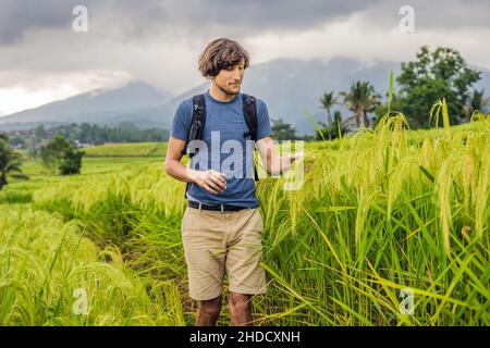 Jeune homme voyageur sur de belles terrasses de riz Jatiluwih sur le fond de célèbres volcans à Bali, Indonésie Banque D'Images