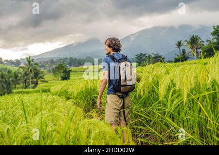 Jeune homme voyageur sur de belles terrasses de riz Jatiluwih sur le fond de célèbres volcans à Bali, Indonésie Banque D'Images