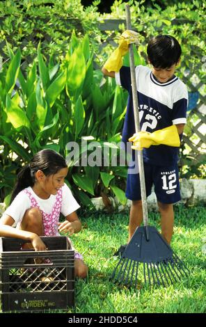 Austin Texas USA,1995: Une fille hispanique de 9 ans et son frère de 7 ans aident à nettoyer le jardin de leur famille.M. EC-0089 ©Bob Daemmrich Banque D'Images