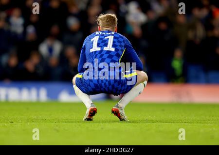 Londres, Royaume-Uni.05th janvier 2022.5th janvier 2022: Stamford Bridge, Chelsea, Londres, Angleterre; demi-finale de la Carabao Cup football, Chelsea FC versus Tottenham Hotspur: Timo Werner de Chelsea fait une pause entre les pièces crédit: Action plus Sports Images/Alay Live News Banque D'Images