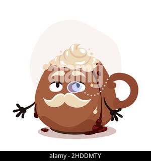 Tasse à café de dessin animé avec crème fouettée.Personnage de dessin animé vieux gentleman.Boisson chaude de Noël.Illustration vectorielle amusante pour l'emballage d'autocollants Illustration de Vecteur
