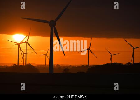 Un coucher de soleil enflammé derrière les éoliennes britanniques géantes Banque D'Images