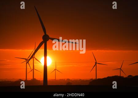 Un coucher de soleil enflammé derrière les éoliennes britanniques géantes Banque D'Images