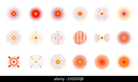 Ensemble de repères circulaires rouges de localisation de la douleur.Signe abstrait du lieu de la braconnage.Marqueur de zone douloureuse ou de zone corporelle blessée.Des publicités et des affiches d'information médicale analgésiques ont isolé des éléments de conception de vecteur Illustration de Vecteur