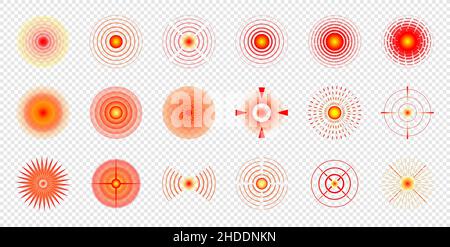 Ensemble de repères circulaires rouges de localisation de la douleur.Symbole abstrait du lieu de la lixiviation.Marqueur de zone douloureuse ou de zone corporelle blessée.Publicité indolore et affiches d'information médicale vecteur isolé eps design éléments Illustration de Vecteur