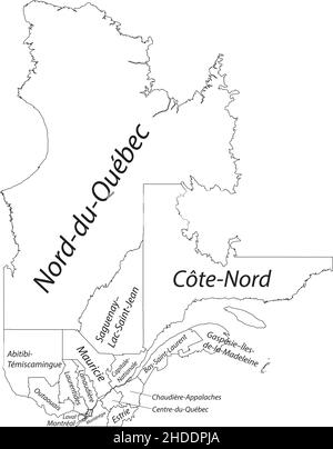 Carte administrative à vecteur plat blanc des régions de la province canadienne de QUÉBEC, CANADA avec des lignes de bordure noires et des étiquettes de nom de ses régions Illustration de Vecteur