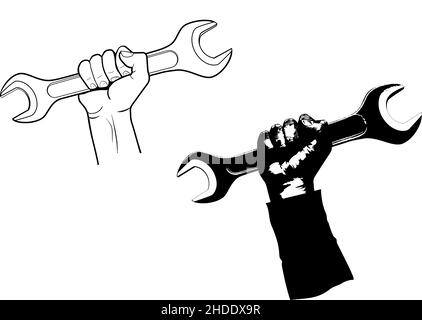 La main du travailleur tient une grande clé des illustrations vectorielles isolées sur blanc Illustration de Vecteur