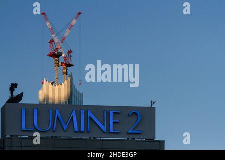 Tokyo, Japon.4th janvier 2022.Grues de construction au-dessus de l'architecture inhabituelle au sommet de la tour Tokyu Kabukicho à Shinjuku.(Image de crédit : © Damon Coulter/SOPA Images via ZUMA Press Wire) Banque D'Images