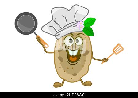 Les pommes de terre cuisent isolées sur fond blanc.Chef de pommes de terre mignon avec chapeau tenant une poêle et une spatule.Caractère funky aux légumes avec chapeau de chef.Vecteur Illustration de Vecteur