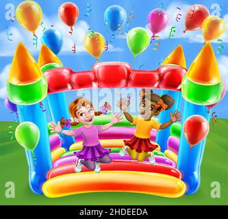 Bouncy House Castle Jumping Girls dessin animé pour enfants Illustration de Vecteur