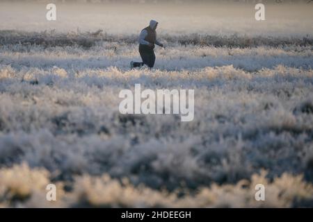 Un homme court parmi la végétation couverte de givre dans Bushy Park Londres après une nuit de basses températures dans la capitale.Les prévisionnistes prévoient des chutes de neige plus tard dans la matinée dans le nord de l'Angleterre.Date de la photo: Jeudi 6 janvier 2022. Banque D'Images