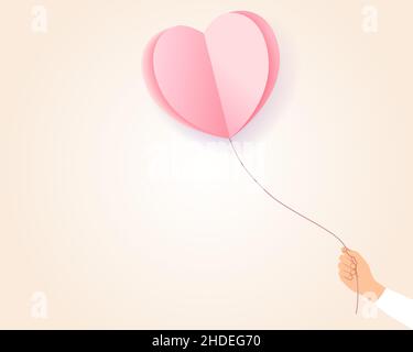 Coeur volant rose Saint-Valentin et main avec ballon coeur en papier.Illustration du vecteur Happy Valentines Day avec symbole d'amant.Papier peint romantique, prospectus Illustration de Vecteur
