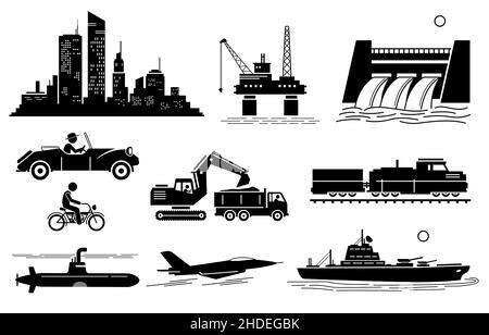 Histoire moderne âge de la machine, âge du pétrole et âge du jet.L'illustration vectorielle représente un gratte-ciel urbain, une plate-forme pétrolière, un barrage hydroélectrique, une voiture d'époque, une moto,e Illustration de Vecteur