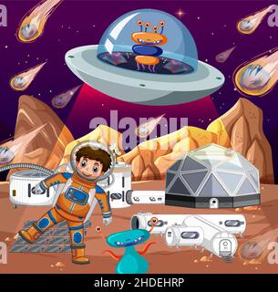 Illustration de l'astronaute et des étrangers sur la planète Illustration de Vecteur