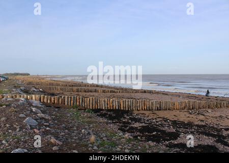 Groynes en bois sur dunster Beach somerset angleterre Royaume-Uni Banque D'Images