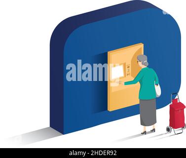 Vecteur de retrait atm senior Lady isolé sur blanc Illustration de Vecteur