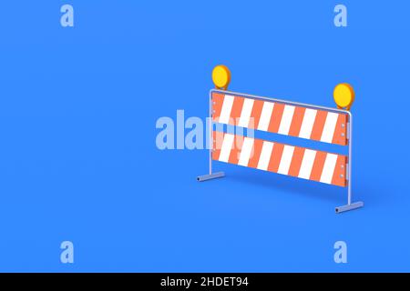 Barrière rayée, barre de suspension avec lampes jaunes sur fond bleu.Concept de réparation routière.Pas d'entrée, zone morte dangereuse.Restriction, blocage de moveme Banque D'Images