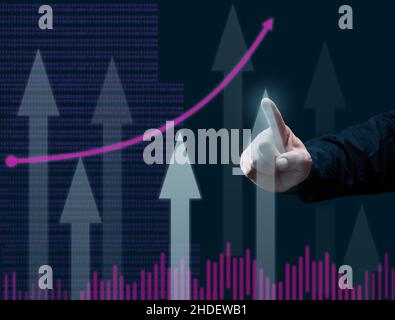 graphique d'affaires de la dynamique des indicateurs et une main d'homme pointe un doigt vers la colonne la plus haute, fond bleu foncé.Croissance de l'entreprise et autres p Banque D'Images