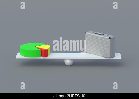 Valise et graphique circulaire sur les balances.Solde du rapport, bénéfice projeté avec revenu réel, bénéfice.Comptabilité équitable.3d rendu Banque D'Images