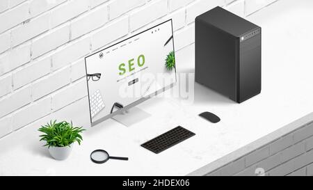 Concept d'optimisation des moteurs de recherche avec le site Web de l'entreprise sur l'écran d'ordinateur.Bureau, position isométrique Banque D'Images