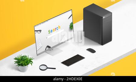 Concept de recherche en ligne avec navigateur et moteur de recherche sur écran d'ordinateur.Bureau de travail à position isométrique avec fond jaune Banque D'Images