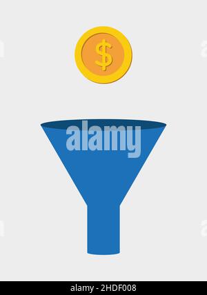 Entonnoir bleu et pièce de monnaie dorée sur fond blanc Illustration de Vecteur