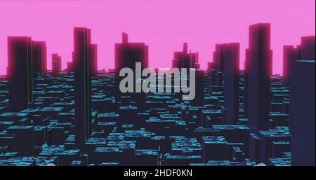 3D CGI a rendu l'illustration.Une ville sombre de nuit inspirée par les dessins animés rétro, avec des bâtiments, des gratte-ciels et un ciel de néons rose numérique. Banque D'Images