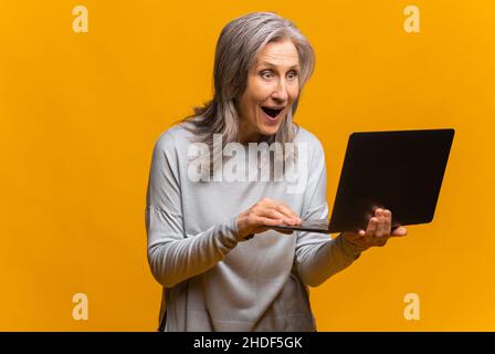 Portrait de profil choqué surpris femme tenant un ordinateur portable et regardant l'affichage avec de grands yeux étonnés.Studio d'intérieur isolé sur fond jaune Banque D'Images