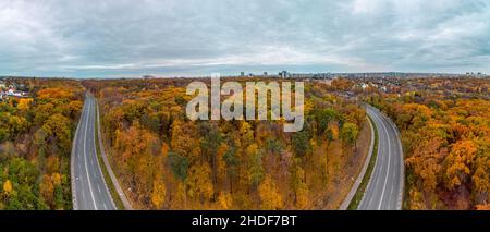 Panorama aérien large avec route pittoresque courbe radiale dans la forêt automnale près du quartier résidentiel avec ciel nuageux.Survolez la rue dans le parc municipal d'automne. Banque D'Images