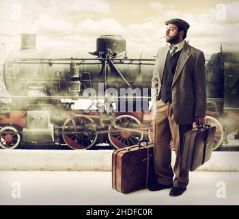 rétro, chemin de fer, voyageur, émigrant, immigrant,style rétro, ancienne, voies de chemin de fer, voyageurs Banque D'Images