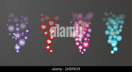 Vivez comme des réactions de réseaux sociaux en streaming.Ensemble de coeurs vectoriels colorés dans des cercles qui volent loin pour le chat ou la vidéo en ligne sur fond transparent Illustration de Vecteur