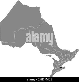 Carte d'emplacement de la municipalité à un étage de HAMILTON en noir blanc à l'intérieur de la carte administrative grise de la province canadienne d'Ontario, Illustration de Vecteur