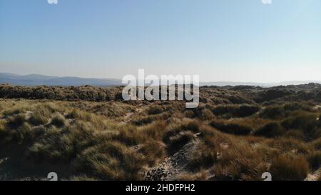 Photographie aérienne de la plage de Ynyslas, dunes de sable, mer, estuaire, surplombant Aberdyfi Banque D'Images