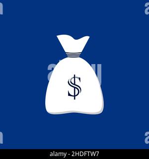 Icône de sac d'argent blanc isolée sur fond bleu.Richesse ou concept riche.Icône de sac d'argent lié avec symbole dollar.Secteur bancaire et financier.Vecteur Illustration de Vecteur